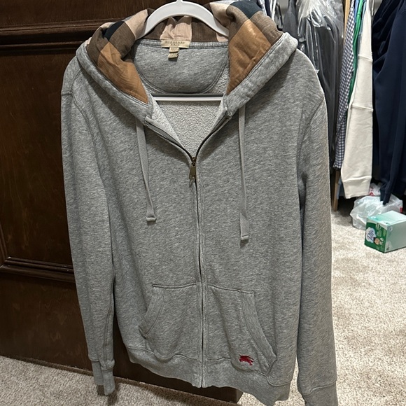 Burberry Brit Men’s Zip-Up Hoodie – Gray Large Sweatshirt w Check Monogram Hood - Picture 1 of 7